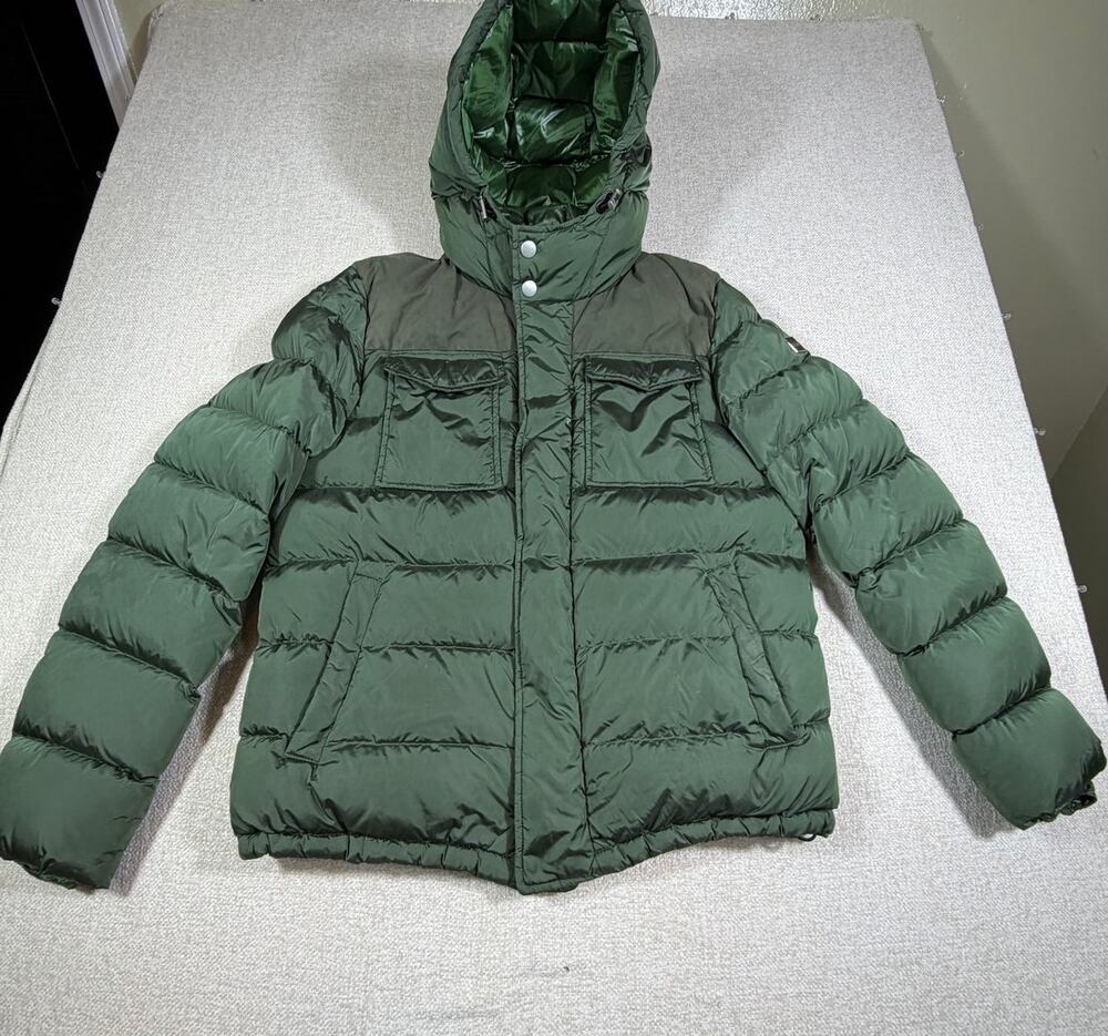 ADD Men 40 Green Duck Down Hooded Puffer Jacket Zip Snap Front Long Sleeve Warm